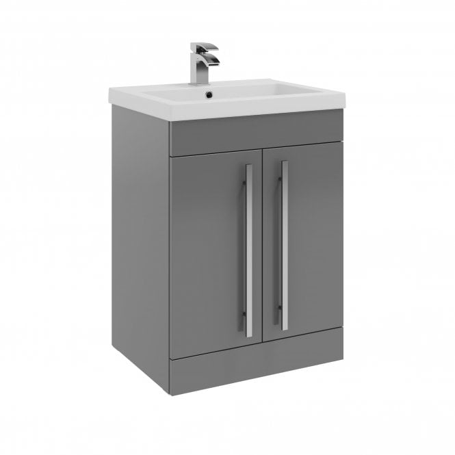Kartell Purity 600mm Grey Gloss 2 Door Floor Standing Vanity Unit & Mid Depth Ceramic Basin