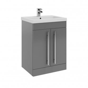 Purity 600mm Grey Gloss 2 Door Floor Standing Vanity Unit & Mid Depth Ceramic Basin