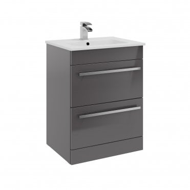Purity 600mm Grey Gloss 2 Drawer Floor Standing Vanity Unit & Ceramic Basin