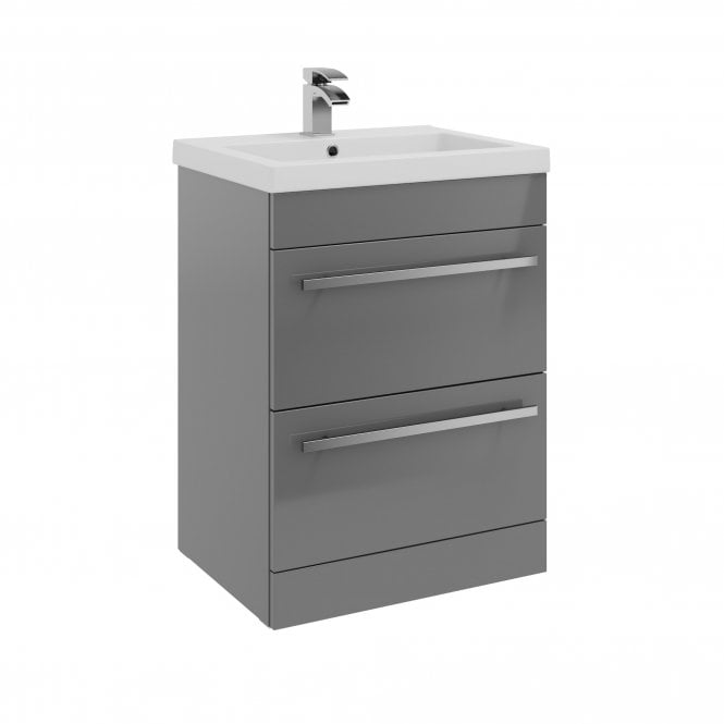 Kartell Purity 600mm Grey Gloss 2 Drawer Floor Standing Vanity Unit & Mid Depth Ceramic Basin