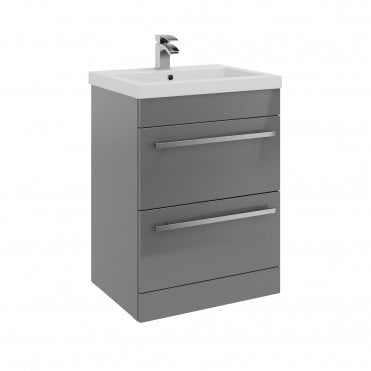 Purity 600mm Grey Gloss 2 Drawer Floor Standing Vanity Unit & Mid Depth Ceramic Basin