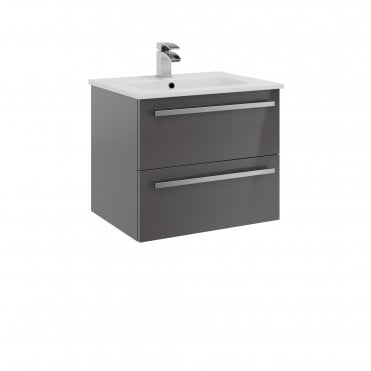 Purity 600mm Grey Gloss 2 Drawer Wall Hung Vanity Unit & Ceramic Basin