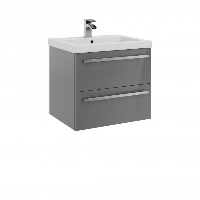Kartell Purity 600mm Grey Gloss 2 Drawer Wall Hung Vanity Unit & Mid Depth Ceramic Basin