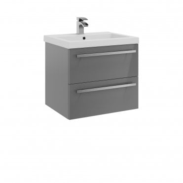 Purity 600mm Grey Gloss 2 Drawer Wall Hung Vanity Unit & Mid Depth Ceramic Basin