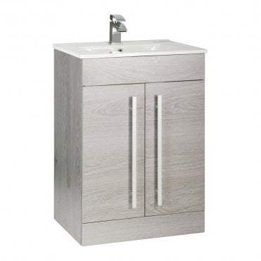 Purity 600mm Silver Oak 2 Door Floor Standing Vanity Unit & Ceramic Basin