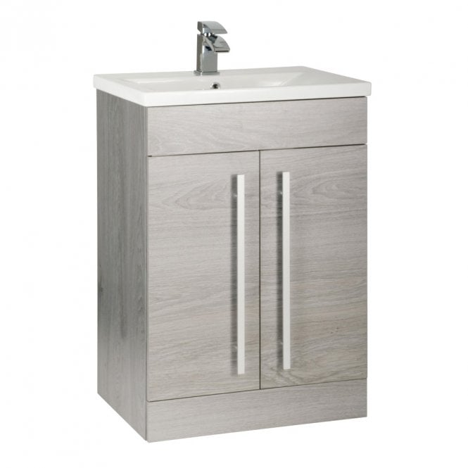 Kartell Purity 600mm Silver Oak 2 Door Floor Standing Vanity Unit & Mid Depth Ceramic Basin