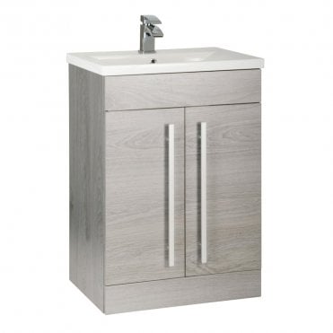 Purity 600mm Silver Oak 2 Door Floor Standing Vanity Unit & Mid Depth Ceramic Basin