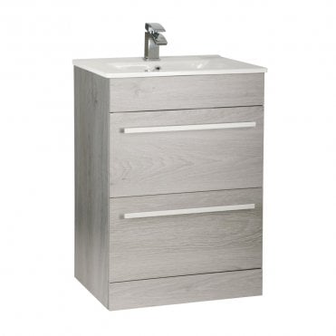 Purity 600mm Silver Oak 2 Drawer Floor Standing Vanity Unit & Ceramic Basin