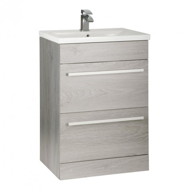 Kartell Purity 600mm Silver Oak 2 Drawer Floor Standing Vanity Unit & Mid Depth Ceramic Basin