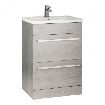 Purity 600mm Silver Oak 2 Drawer Floor Standing Vanity Unit & Mid Depth Ceramic Basin