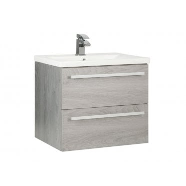 Purity 600mm Silver Oak 2 Drawer Wall Hung Vanity Unit & Ceramic Basin