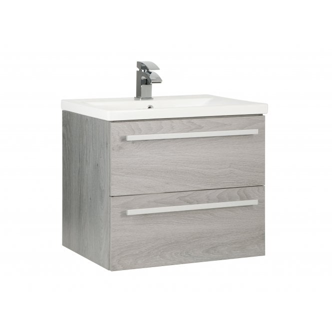 Kartell Purity 600mm Silver Oak 2 Drawer Wall Hung Vanity Unit & Mid Depth Ceramic Basin