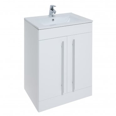 Purity 600mm White Gloss 2 Door Floor Standing Vanity Unit & Ceramic Basin
