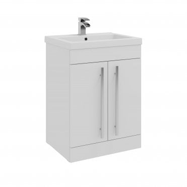 Purity 600mm White Gloss 2 Door Floor Standing Vanity Unit & Mid Depth Ceramic Basin
