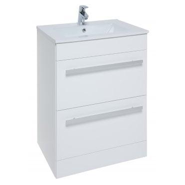 Purity 600mm White Gloss 2 Drawer Floor Standing Vanity Unit & Ceramic Basin