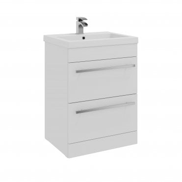 Purity 600mm White Gloss 2 Drawer Floor Standing Vanity Unit & Mid Depth Ceramic Basin