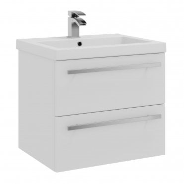 Purity 600mm White Gloss 2 Drawer Wall Hung Vanity Unit & Mid Depth Ceramic Basin