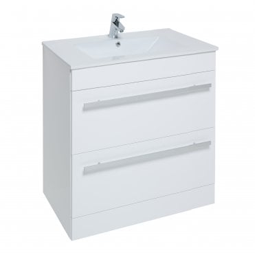 Purity 800mm White Gloss 2 Drawer Floor Standing Vanity Unit & Ceramic Basin