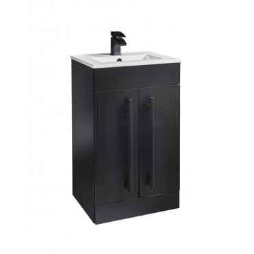 Purity Nero Matt Black 500mm 2 Door Floor Standing Vanity Unit & Ceramic Basin - Black Handles