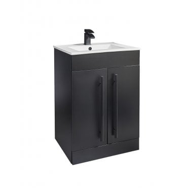 Purity Nero Matt Black 600mm 2 Door Floor Standing Vanity Unit & Ceramic Basin - Black Handles