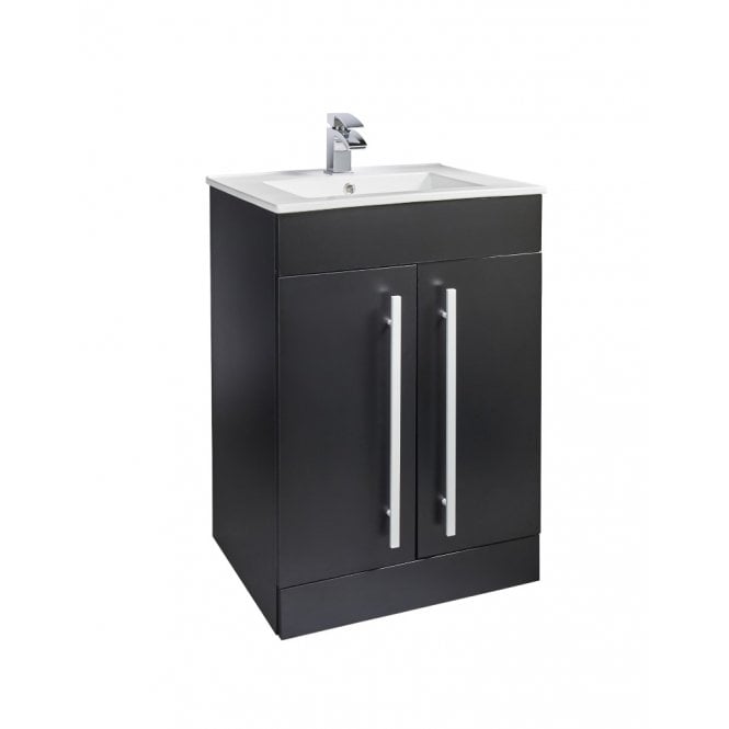 Kartell Purity Nero Matt Black 600mm 2 Door Floor Standing Vanity Unit & Ceramic Basin - Chrome Handles