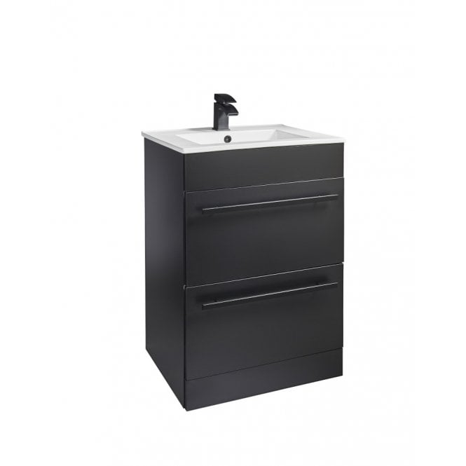 Kartell Purity Nero Matt Black 600mm 2 Drawer Floor Standing Vanity Unit & Ceramic Basin - Black Handles