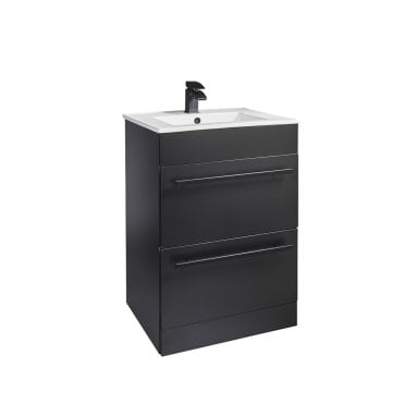 Purity Nero Matt Black 600mm 2 Drawer Floor Standing Vanity Unit & Ceramic Basin - Black Handles