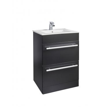 Purity Nero Matt Black 600mm 2 Drawer Floor Standing Vanity Unit & Ceramic Basin - Chrome Handles