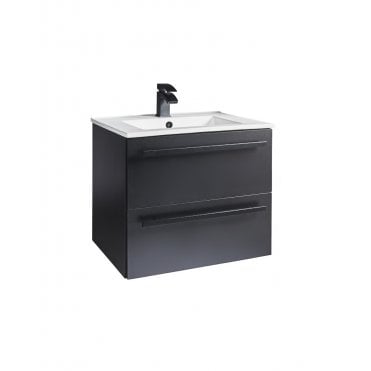 Purity Nero Matt Black 600mm 2 Drawer Wall Hung Vanity Unit & Basin - Black Handles