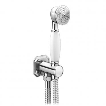 Traditional Chrome Outlet Elbow with Wall Bracket, Handset & Hose