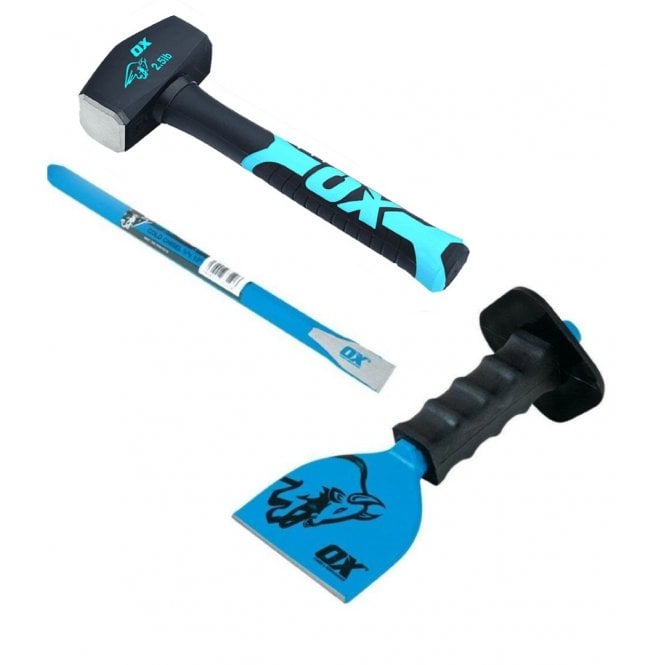 OX Tools Demolition Striking Kit 2.5Lb Club Lump Hammer, Cold Chisel and Brick Bolster