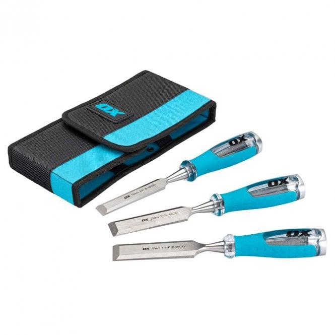 OX Tools Pro 13mm, 19mm & 25mm Wood Chisel Set in Velcro Case - 3-Piece