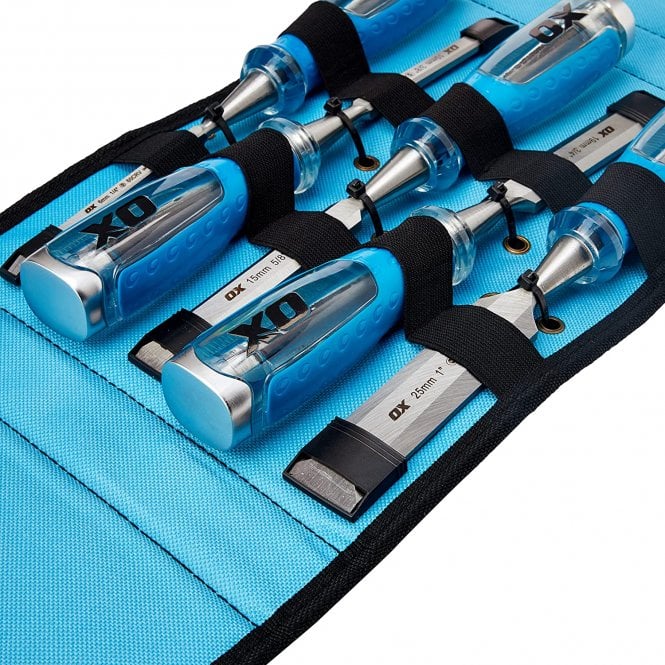OX Tools Pro Wood Chisel Set Soft Grip Handle & Velcro Case