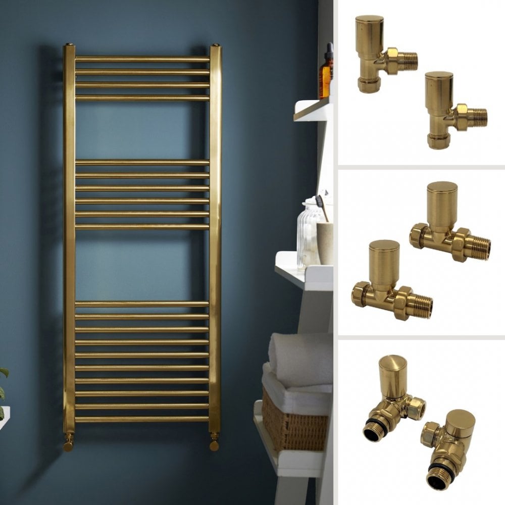 Kartell Straight Brushed Brass Heated Towel Rail Ladder Bathroom Radiator Valves