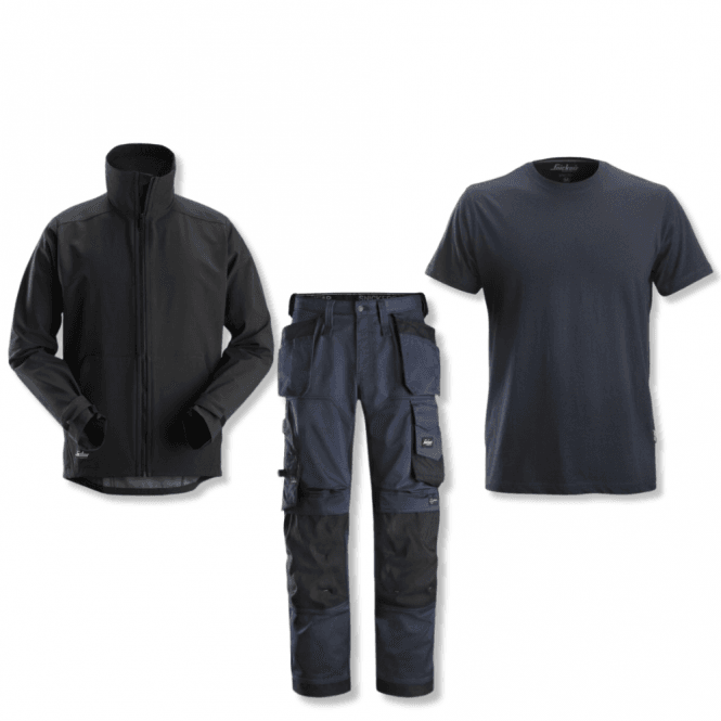 Snickers 6251 Loose fit Work Trousers, 1205 SoftShell & 2502 T-Shirt Bundle