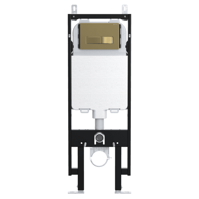 Viva Sanitary Skylo Ultra Slim Wall Hung Toilet Frame with Ultra 24 Brushed Brass Flush Plate